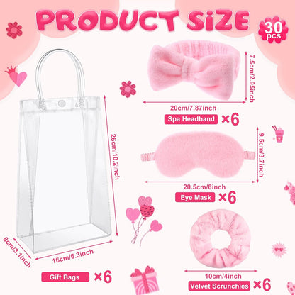 30 Pcs Spa Sleepover Party Supplies for Girls-6 Headband 6 Plush Sleep Eye Mask 6 Velvet Scrunchies 6 Clear Cosmetic Bags 6 Reusable Glitter Cups for Slumber Birthday Favors Gifts (Pink)