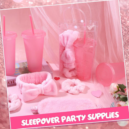 30 Pcs Spa Sleepover Party Supplies for Girls-6 Headband 6 Plush Sleep Eye Mask 6 Velvet Scrunchies 6 Clear Cosmetic Bags 6 Reusable Glitter Cups for Slumber Birthday Favors Gifts (Pink)