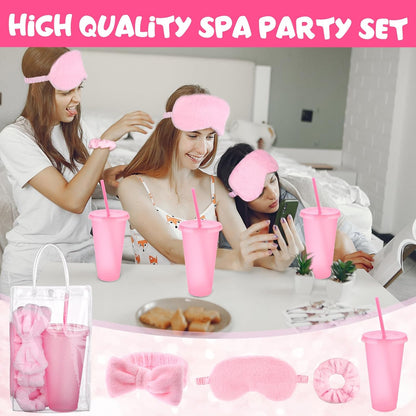 30 Pcs Spa Sleepover Party Supplies for Girls-6 Headband 6 Plush Sleep Eye Mask 6 Velvet Scrunchies 6 Clear Cosmetic Bags 6 Reusable Glitter Cups for Slumber Birthday Favors Gifts (Pink)