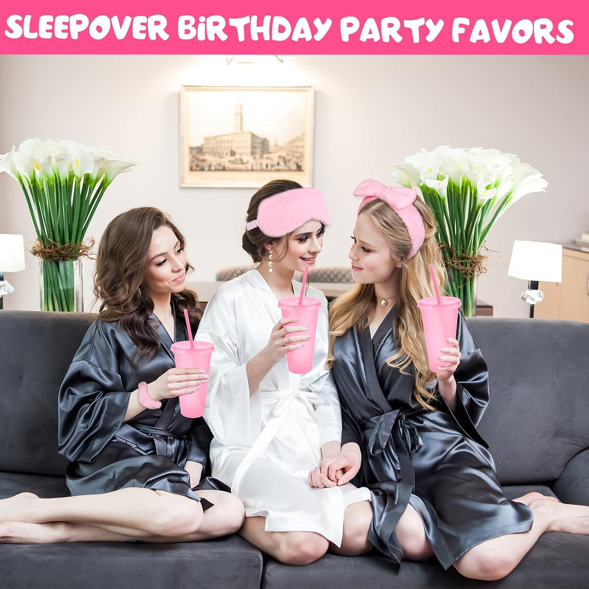 30 Pcs Spa Sleepover Party Supplies for Girls-6 Headband 6 Plush Sleep Eye Mask 6 Velvet Scrunchies 6 Clear Cosmetic Bags 6 Reusable Glitter Cups for Slumber Birthday Favors Gifts (Pink)