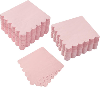 100 Pack Cocktail Napkin 2-Ply Scalloped Edged Pink Napkins 5 x 5IN