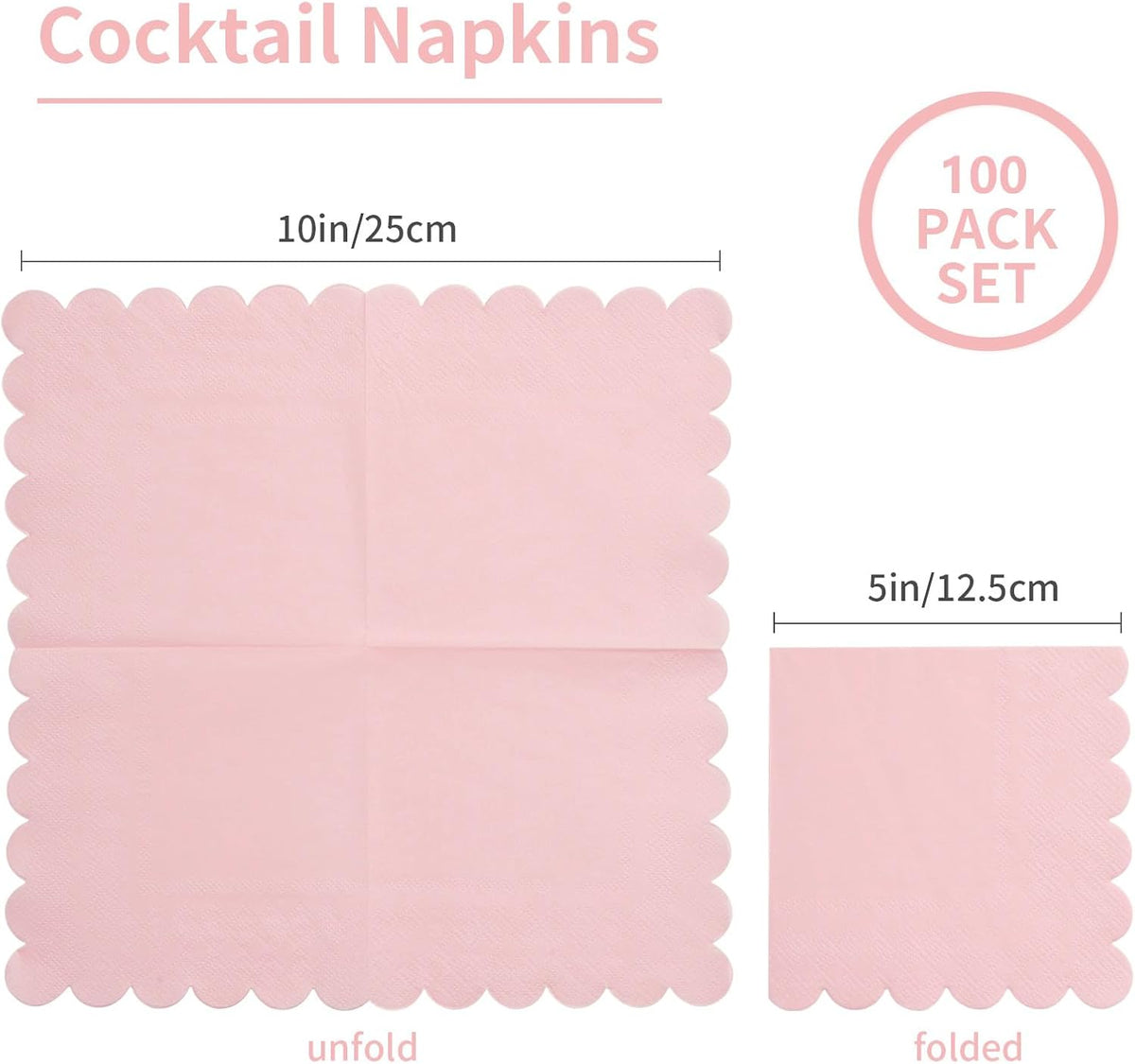 100 Pack Cocktail Napkin 2-Ply Scalloped Edged Pink Napkins 5 x 5IN