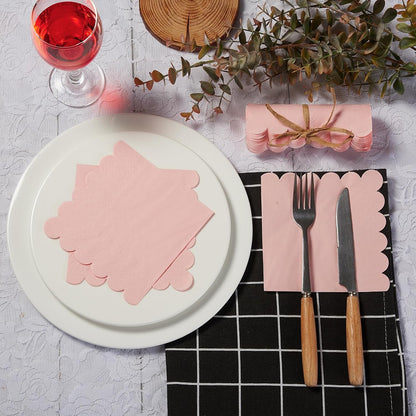 100 Pack Cocktail Napkin 2-Ply Scalloped Edged Pink Napkins 5 x 5IN