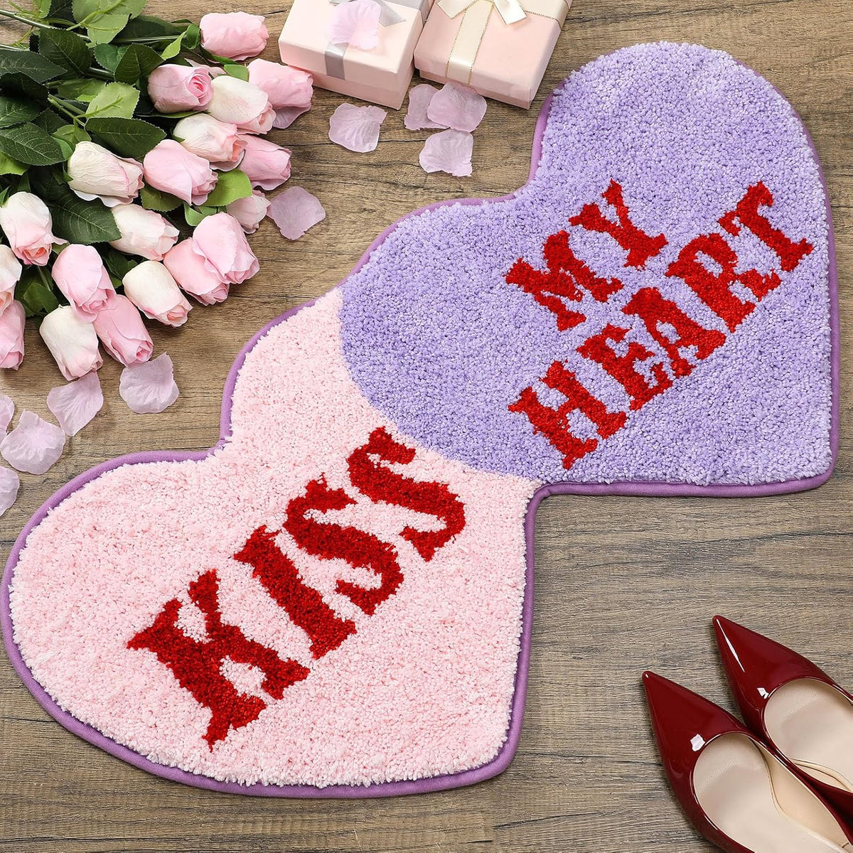 Valentine‘s Day Heart Rug Double Heart Shaped Rug Decor Non Slip Bathroom Doormat Love Shag Shower Mat Bedroom Living Room Entrance Welcome Floor Decor 15.75 x 31.5 in(Pink and Purple)