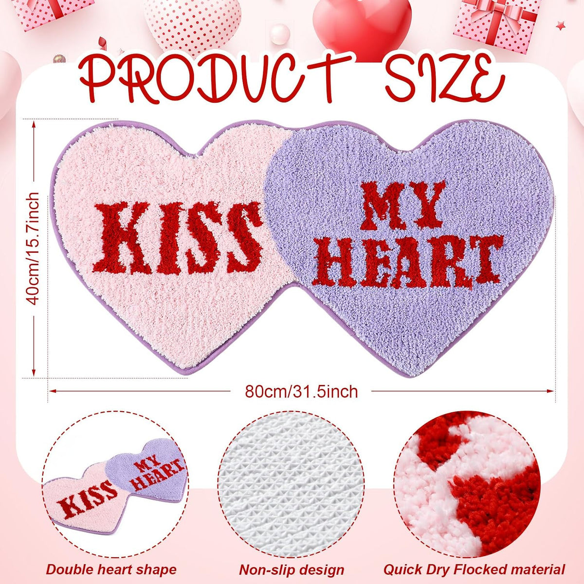 Valentine‘s Day Heart Rug Double Heart Shaped Rug Decor Non Slip Bathroom Doormat Love Shag Shower Mat Bedroom Living Room Entrance Welcome Floor Decor 15.75 x 31.5 in(Pink and Purple)
