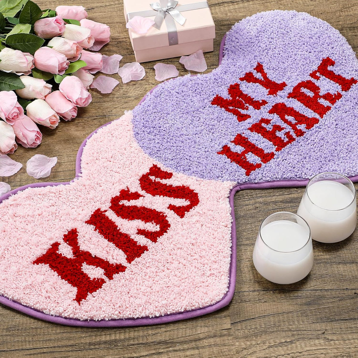Valentine‘s Day Heart Rug Double Heart Shaped Rug Decor Non Slip Bathroom Doormat Love Shag Shower Mat Bedroom Living Room Entrance Welcome Floor Decor 15.75 x 31.5 in(Pink and Purple)