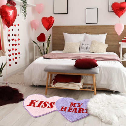 Valentine‘s Day Heart Rug Double Heart Shaped Rug Decor Non Slip Bathroom Doormat Love Shag Shower Mat Bedroom Living Room Entrance Welcome Floor Decor 15.75 x 31.5 in(Pink and Purple)