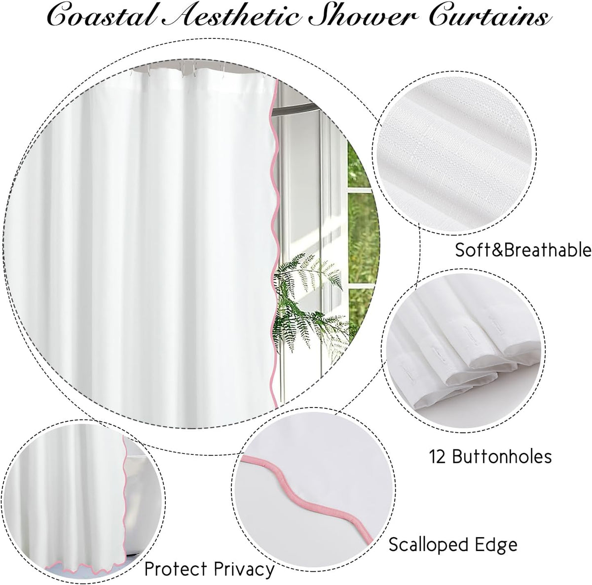 Chic White/Pink Scallop Edge Shower Curtain