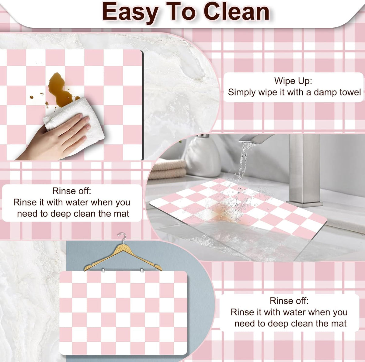 Dish Drying Mat for Kitchen, 16'' x 24'' Checkered Coffee Bar Mat for Countertops, Coffee Station Mat with Non-slip Rubber Backed, Absorbent Dish Dying Pat for Kitchen Counter, Pink & White
