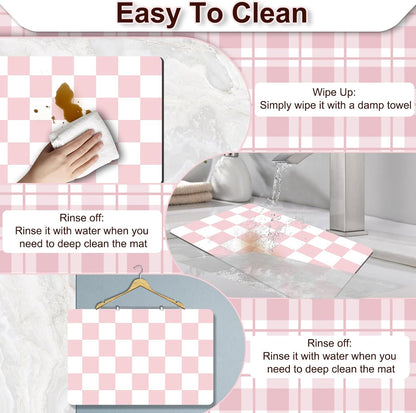 Dish Drying Mat for Kitchen, 16'' x 24'' Checkered Coffee Bar Mat for Countertops, Coffee Station Mat with Non-slip Rubber Backed, Absorbent Dish Dying Pat for Kitchen Counter, Pink & White