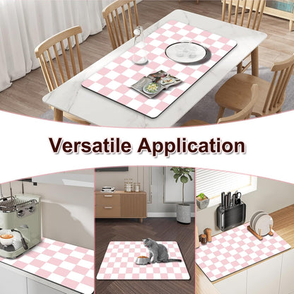 Dish Drying Mat for Kitchen, 16'' x 24'' Checkered Coffee Bar Mat for Countertops, Coffee Station Mat with Non-slip Rubber Backed, Absorbent Dish Dying Pat for Kitchen Counter, Pink & White