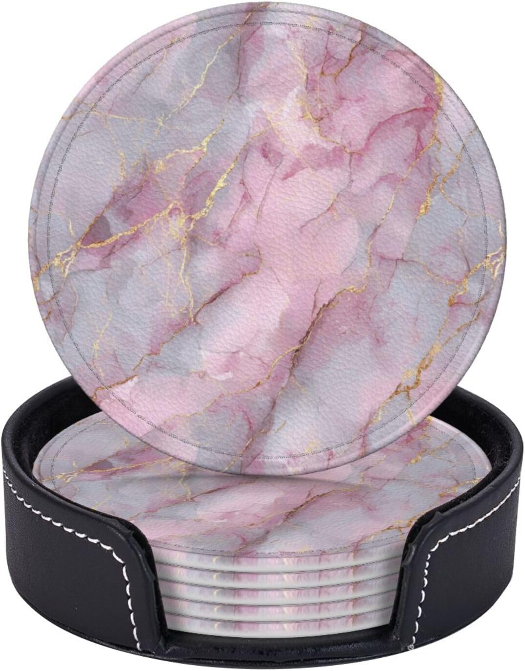 Light Pink Marble with Gold Premium Leather Coasters, Set of 6 with Holder, Stylish Beverage Coasters for Kitchen Coffee Bar