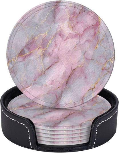 Light Pink Marble with Gold Premium Leather Coasters, Set of 6 with Holder, Stylish Beverage Coasters for Kitchen Coffee Bar