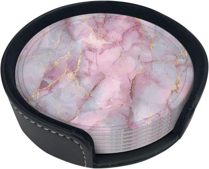 Light Pink Marble with Gold Premium Leather Coasters, Set of 6 with Holder, Stylish Beverage Coasters for Kitchen Coffee Bar