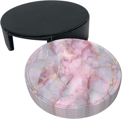 Light Pink Marble with Gold Premium Leather Coasters, Set of 6 with Holder, Stylish Beverage Coasters for Kitchen Coffee Bar
