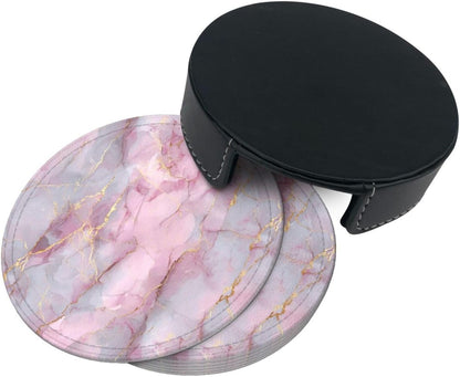 Light Pink Marble with Gold Premium Leather Coasters, Set of 6 with Holder, Stylish Beverage Coasters for Kitchen Coffee Bar