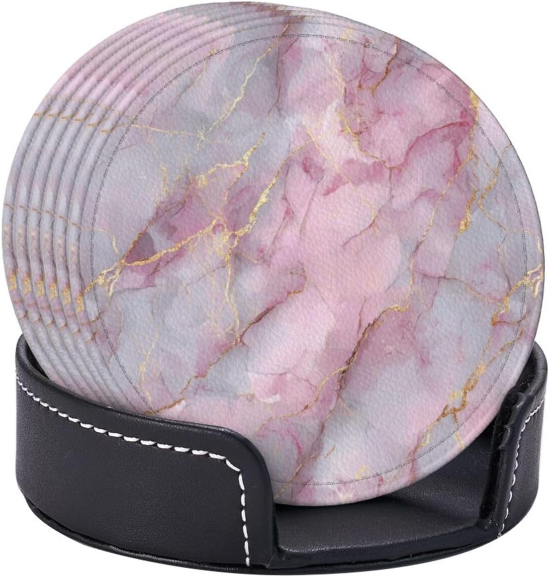 Light Pink Marble with Gold Premium Leather Coasters, Set of 6 with Holder, Stylish Beverage Coasters for Kitchen Coffee Bar