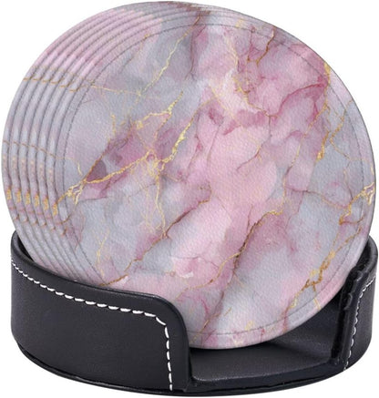 Light Pink Marble with Gold Premium Leather Coasters, Set of 6 with Holder, Stylish Beverage Coasters for Kitchen Coffee Bar