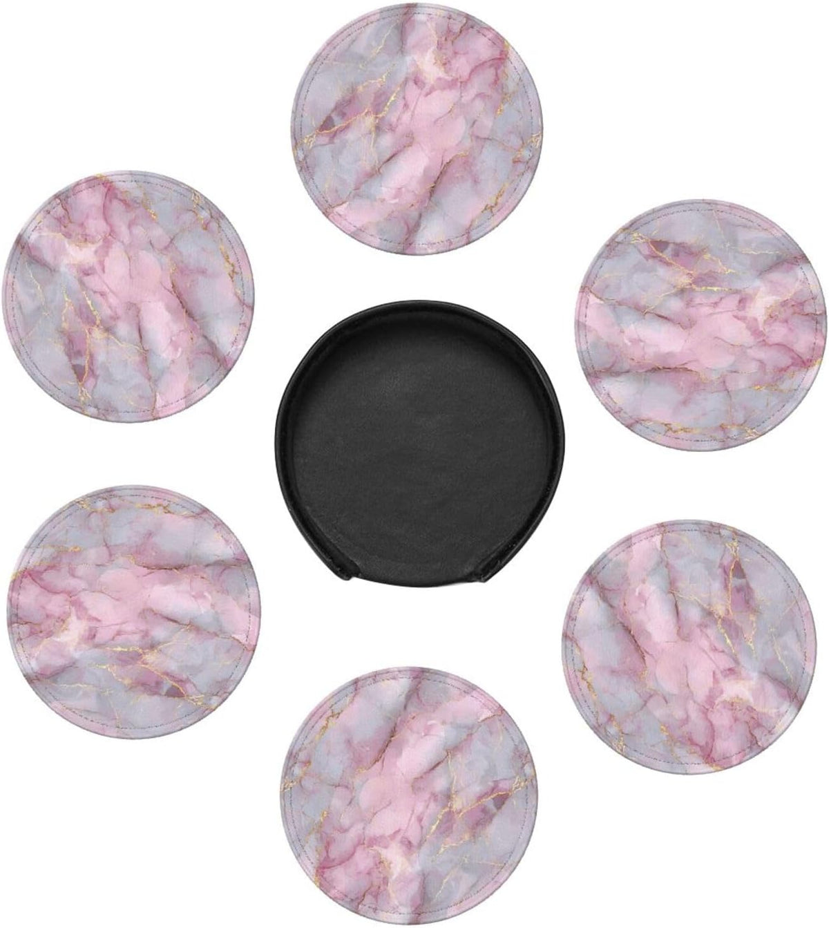 Light Pink Marble with Gold Premium Leather Coasters, Set of 6 with Holder, Stylish Beverage Coasters for Kitchen Coffee Bar