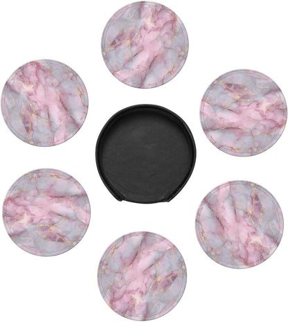 Light Pink Marble with Gold Premium Leather Coasters, Set of 6 with Holder, Stylish Beverage Coasters for Kitchen Coffee Bar