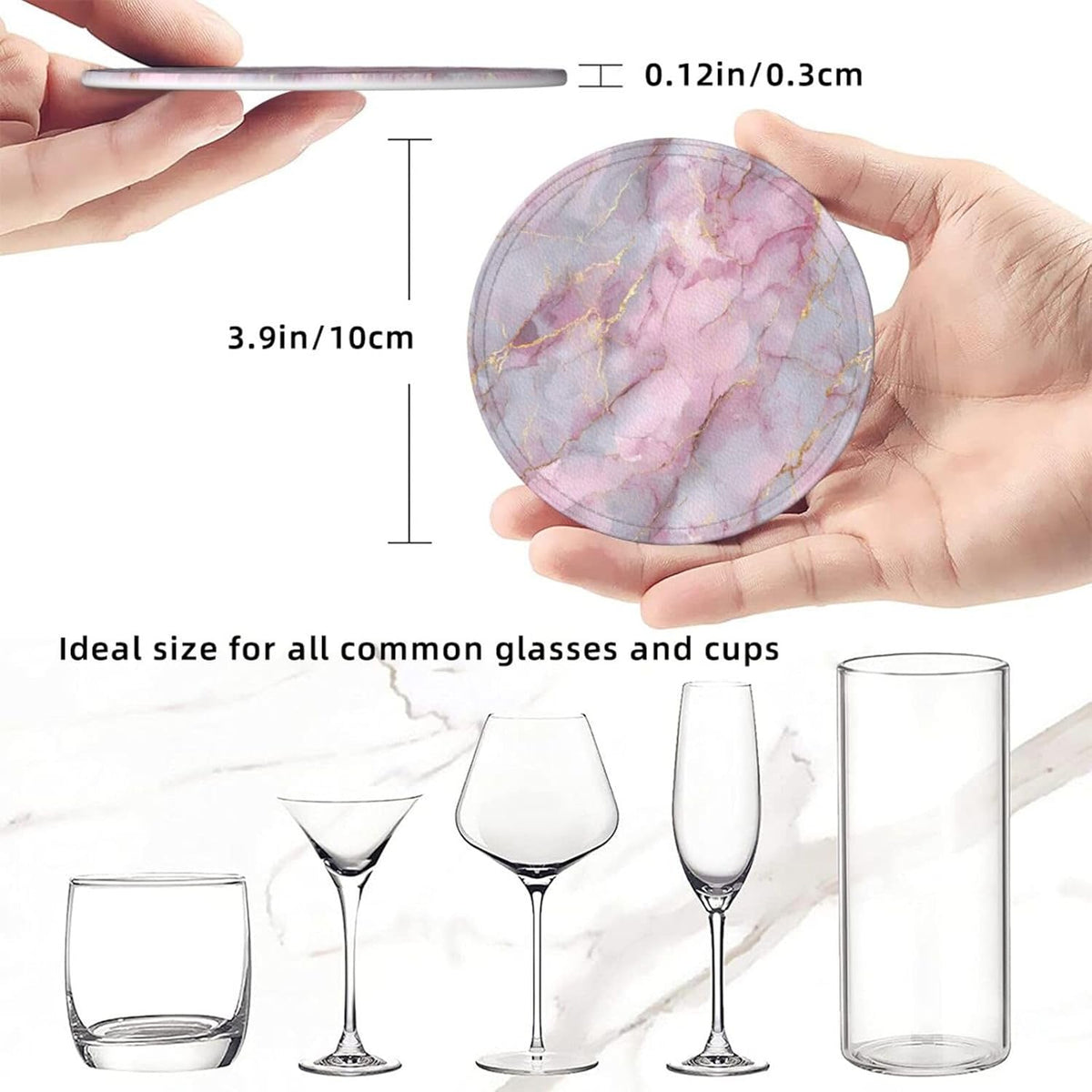 Light Pink Marble with Gold Premium Leather Coasters, Set of 6 with Holder, Stylish Beverage Coasters for Kitchen Coffee Bar