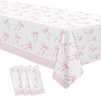 Srua Don Pink Bow Party Decorations Tablecloth, Girl Bow Theme Coquette Birthday Party Supplies Table Cover, Pink Bow Birthday Baby Shower Decorations Table Cloth, 3 Pack, 86in x 55in