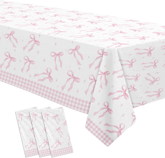 Srua Don Pink Bow Party Decorations Tablecloth, Girl Bow Theme Coquette Birthday Party Supplies Table Cover, Pink Bow Birthday Baby Shower Decorations Table Cloth, 3 Pack, 86in x 55in