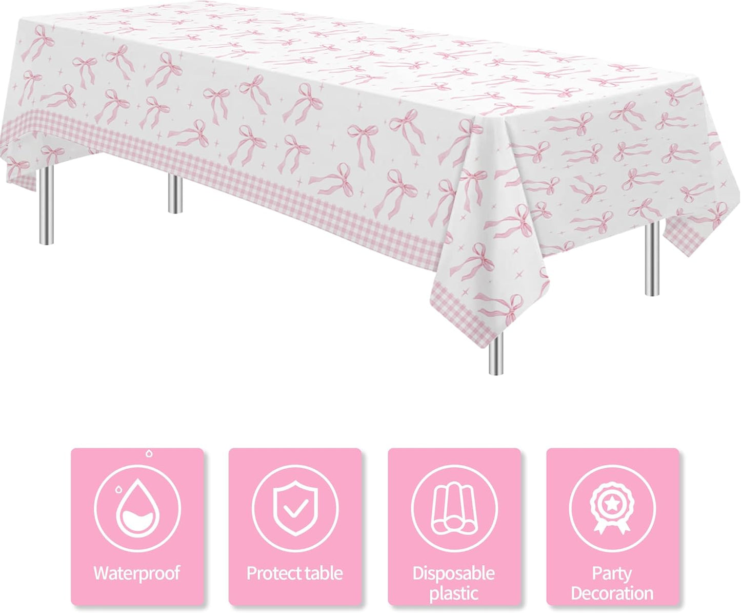 Srua Don Pink Bow Party Decorations Tablecloth, Girl Bow Theme Coquette Birthday Party Supplies Table Cover, Pink Bow Birthday Baby Shower Decorations Table Cloth, 3 Pack, 86in x 55in