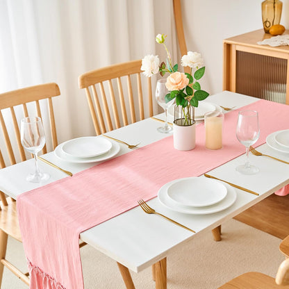 Pink Shabby Chic Ruffled Table Runner:Farmhouse Retro Table Runners for Table Decor Rustic Home Table Decoration,Cotton Tablecloth Flounces Trim for Wedding Christmas Decor 30x180cm(12x71inch)