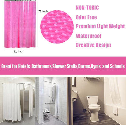 EVA Shower Curtain Liner Hot Pink 3D Water Cube Clear for Bathroom with 12 Rust Proof Metal Grommets, Clear EVA Liner for Girly Bathroom Stall 71x71 Inches