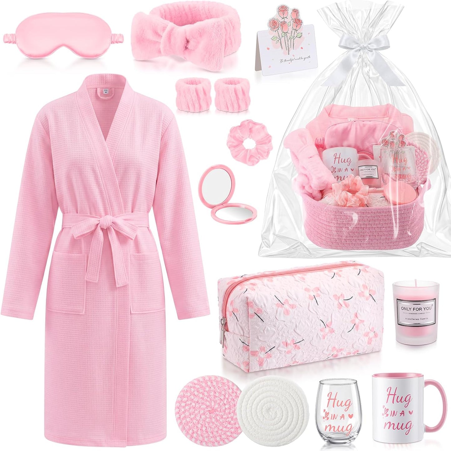 13 Pcs Birthday and Get Well Soon Gifts for Women Self Care Gifts Basket Spa Care Package with Robe Scented Candle for Her Mom Nurse Mother's Day (Pink)