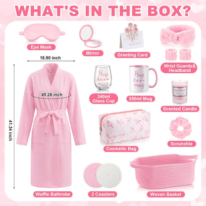 13 Pcs Birthday and Get Well Soon Gifts for Women Self Care Gifts Basket Spa Care Package with Robe Scented Candle for Her Mom Nurse Mother's Day (Pink)