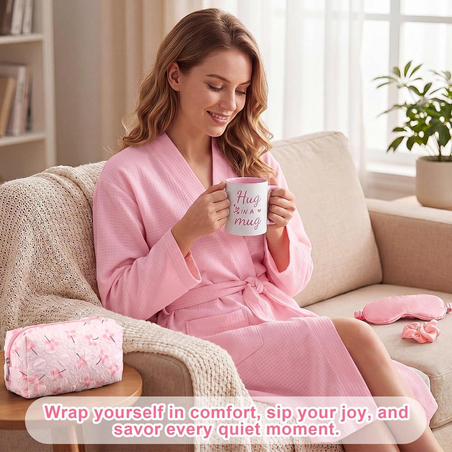 13 Pcs Birthday and Get Well Soon Gifts for Women Self Care Gifts Basket Spa Care Package with Robe Scented Candle for Her Mom Nurse Mother's Day (Pink)