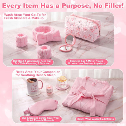 13 Pcs Birthday and Get Well Soon Gifts for Women Self Care Gifts Basket Spa Care Package with Robe Scented Candle for Her Mom Nurse Mother's Day (Pink)