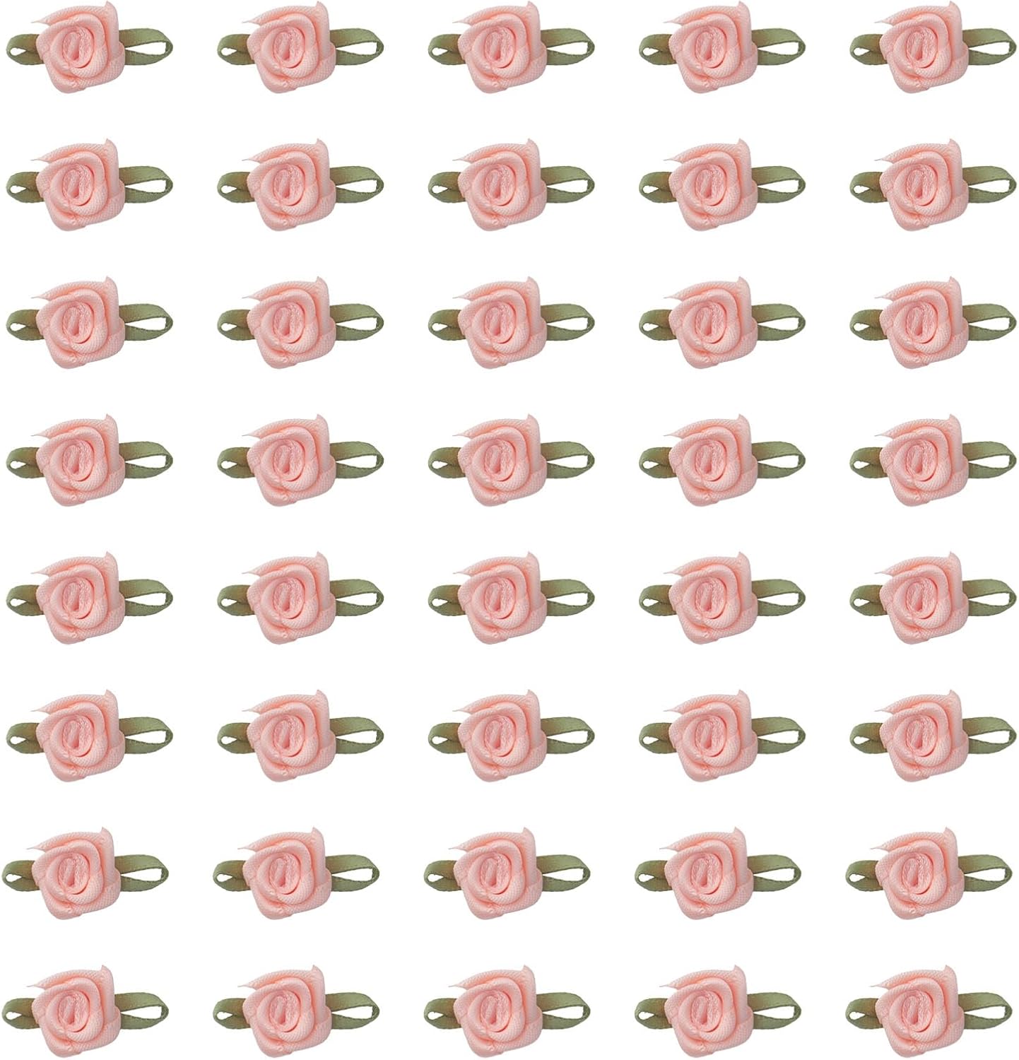 50 Pcs Satin Roses with Green Leaves Mini Cute Ribbon Bows Fabric Artificial Flower Supplies Ornament Applique for DIY Crafting Sewing Wrapping Wedding Decoration (Peach)