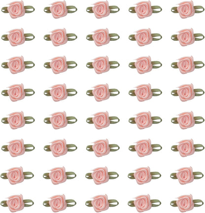 50 Pcs Satin Roses with Green Leaves Mini Cute Ribbon Bows Fabric Artificial Flower Supplies Ornament Applique for DIY Crafting Sewing Wrapping Wedding Decoration (Peach)