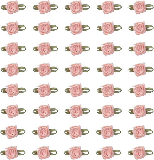 50 Pcs Satin Roses with Green Leaves Mini Cute Ribbon Bows Fabric Artificial Flower Supplies Ornament Applique for DIY Crafting Sewing Wrapping Wedding Decoration (Peach)