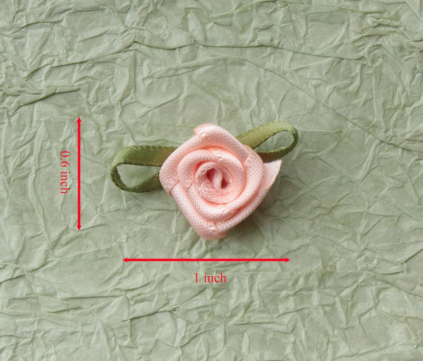 50 Pcs Satin Roses with Green Leaves Mini Cute Ribbon Bows Fabric Artificial Flower Supplies Ornament Applique for DIY Crafting Sewing Wrapping Wedding Decoration (Peach)