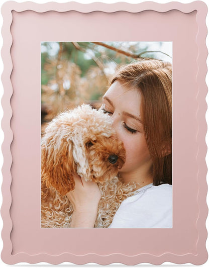 11x14 Picture Frame with Mat for 8x10, Wavy Edge Wooden Real Glass Photo Frame for Wall Hanging, Pink, 1 Pack