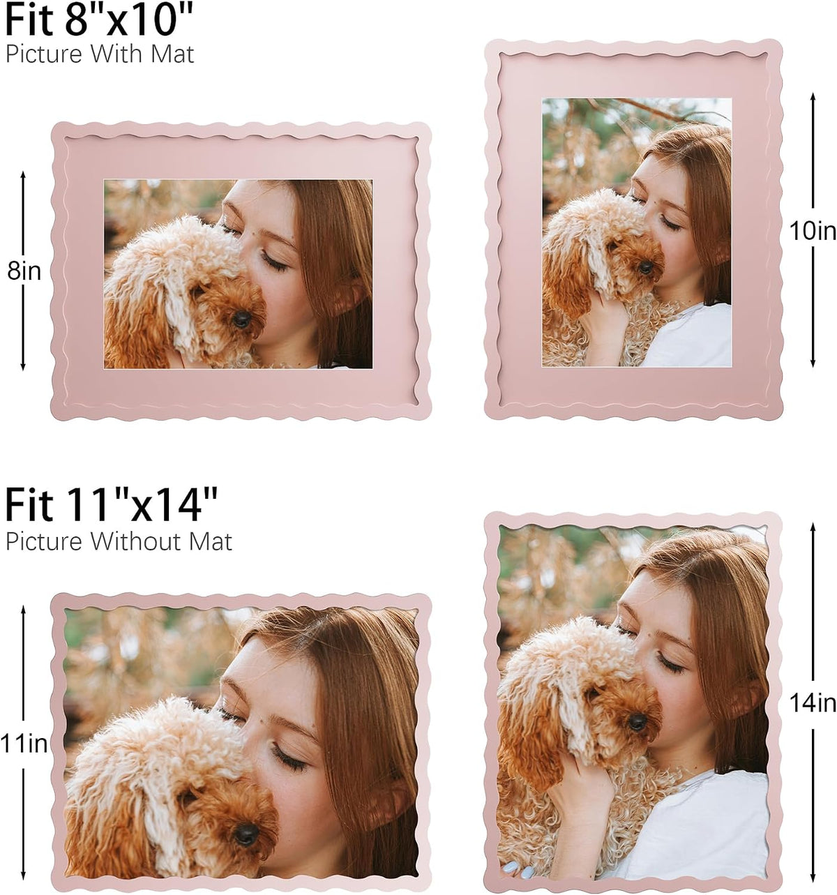 11x14 Picture Frame with Mat for 8x10, Wavy Edge Wooden Real Glass Photo Frame for Wall Hanging, Pink, 1 Pack