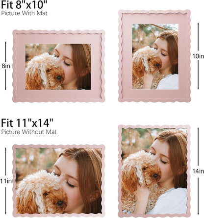 11x14 Picture Frame with Mat for 8x10, Wavy Edge Wooden Real Glass Photo Frame for Wall Hanging, Pink, 1 Pack