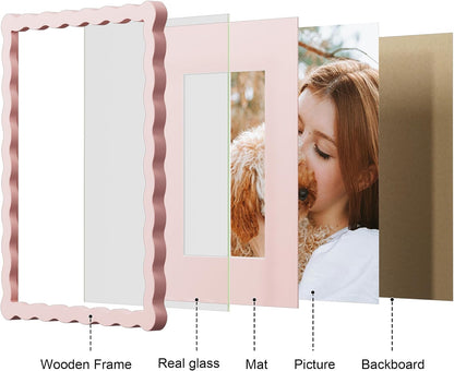 11x14 Picture Frame with Mat for 8x10, Wavy Edge Wooden Real Glass Photo Frame for Wall Hanging, Pink, 1 Pack
