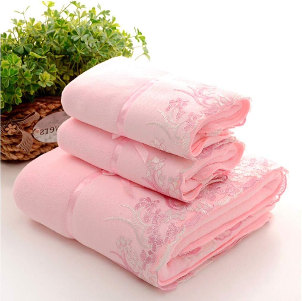 3 Pieces Pink Lace Bath Towels Set, Velvet Bath Towel Hand Towels Set (1 Bath Towel+2 Hand Towels)