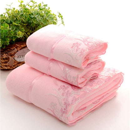 3 Pieces Pink Lace Bath Towels Set, Velvet Bath Towel Hand Towels Set (1 Bath Towel+2 Hand Towels)