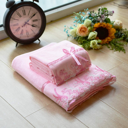 3 Pieces Pink Lace Bath Towels Set, Velvet Bath Towel Hand Towels Set (1 Bath Towel+2 Hand Towels)