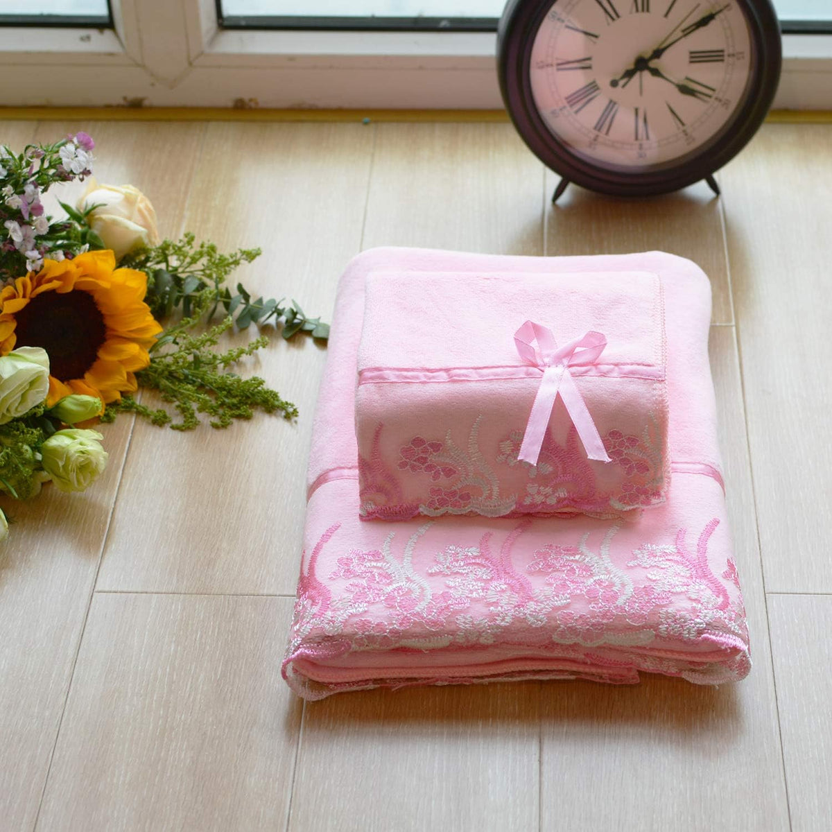3 Pieces Pink Lace Bath Towels Set, Velvet Bath Towel Hand Towels Set (1 Bath Towel+2 Hand Towels)
