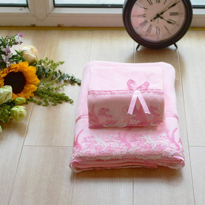 3 Pieces Pink Lace Bath Towels Set, Velvet Bath Towel Hand Towels Set (1 Bath Towel+2 Hand Towels)