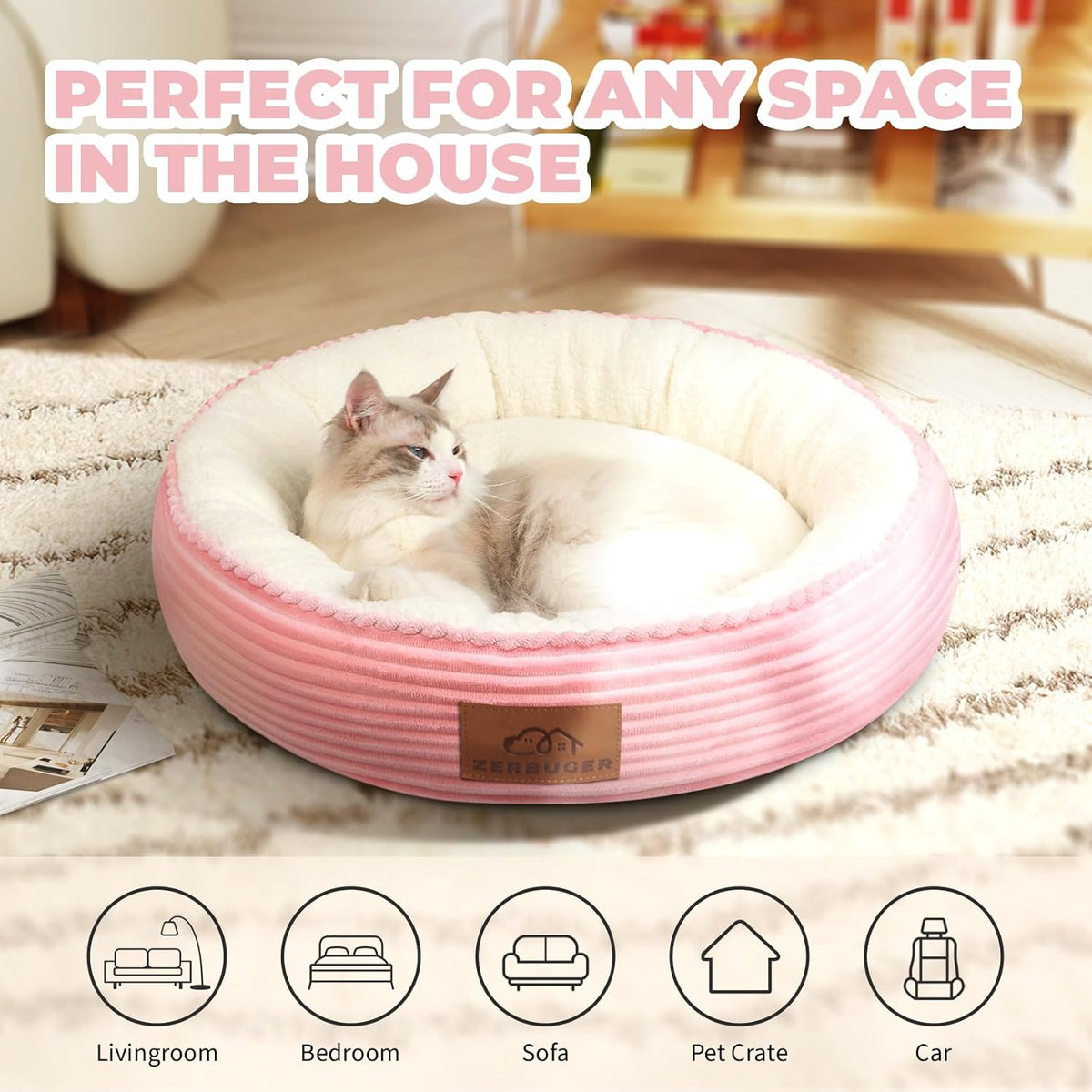 20in Pink Round Dog Bed Sofa for Dogs Cats, Machine Washable