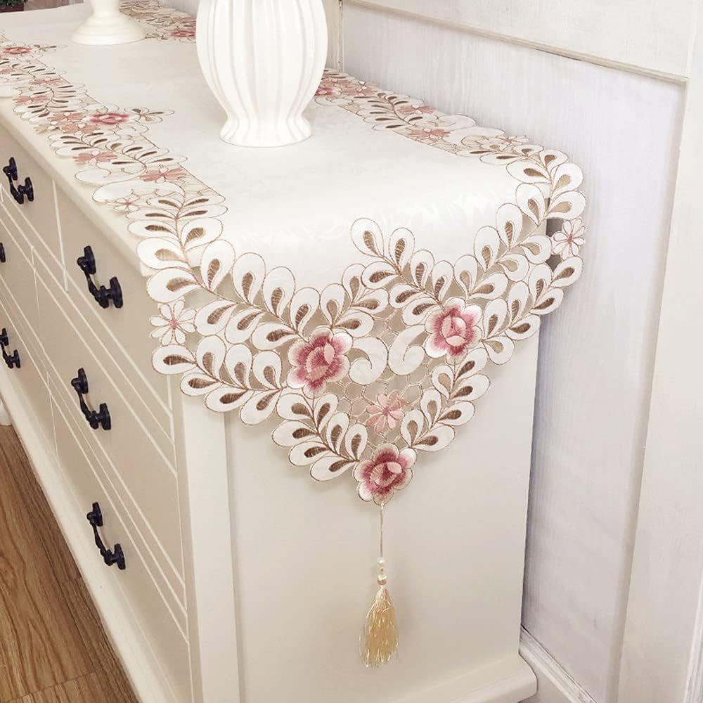 Classic Flowers Dining Table Runner Embroidery Tassel Floral Lace Table Runners for Home Dining Table Decoration
