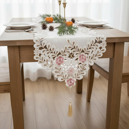 Classic Flowers Dining Table Runner Embroidery Tassel Floral Lace Table Runners for Home Dining Table Decoration